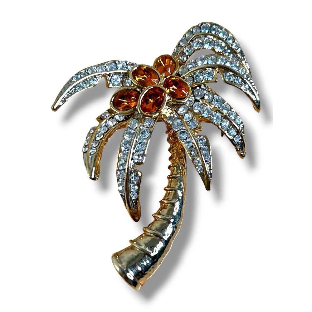 Palm Tree Brooch Pin Gold Tone Pave Crystal Tropical Tone Rhinestones